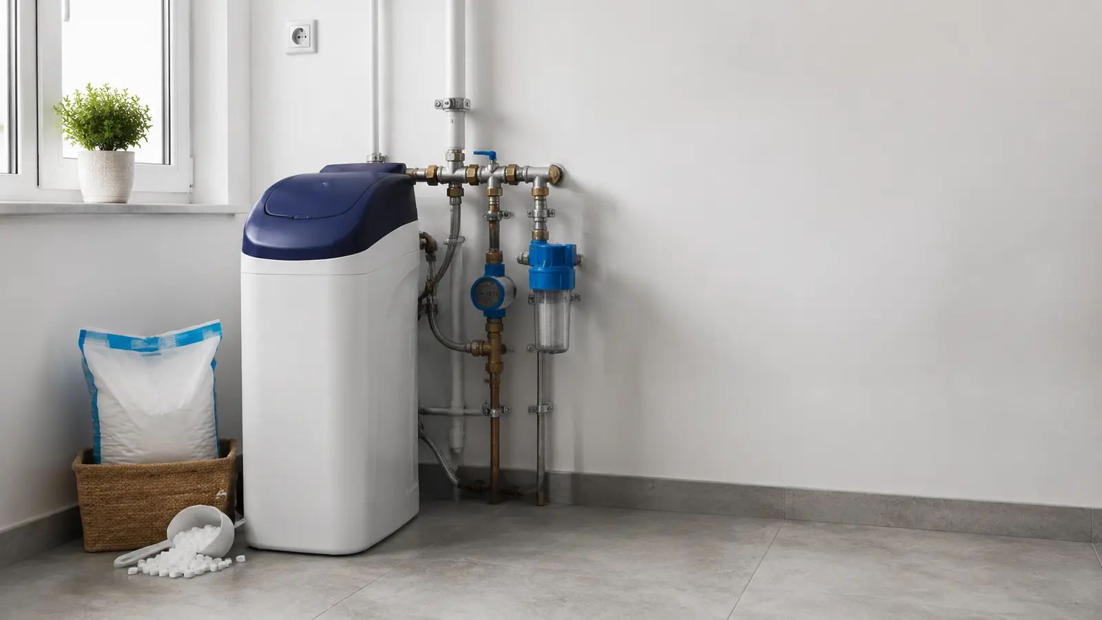 Addolcitore domestico accanto a sale in pastiglie, contatore dell’acqua e presa elettrica
