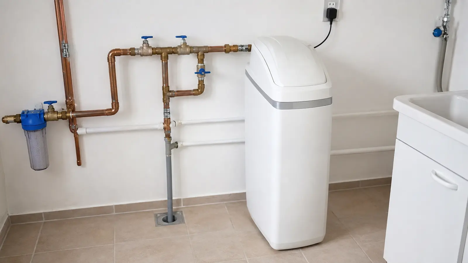 Addolcitore domestico installato con tubazioni accessibili, filtro e bypass