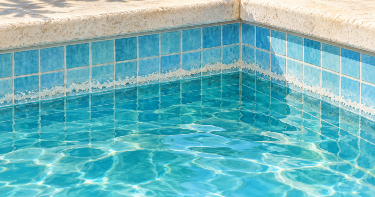 Illustrazione di depositi bianchi di calcare sulla linea d’acqua di una piscina piastrellata