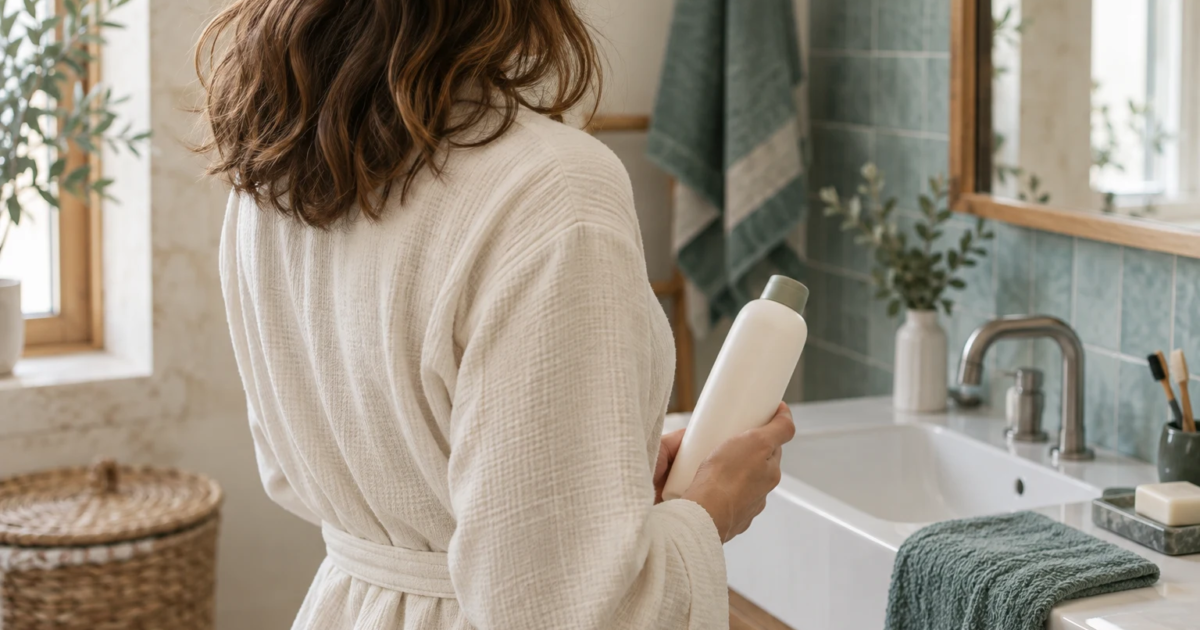 Donna con capelli mossi e un flacone di shampoo in bagno