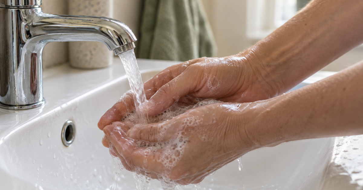 Mani con poca schiuma di sapone sotto il getto di un rubinetto.