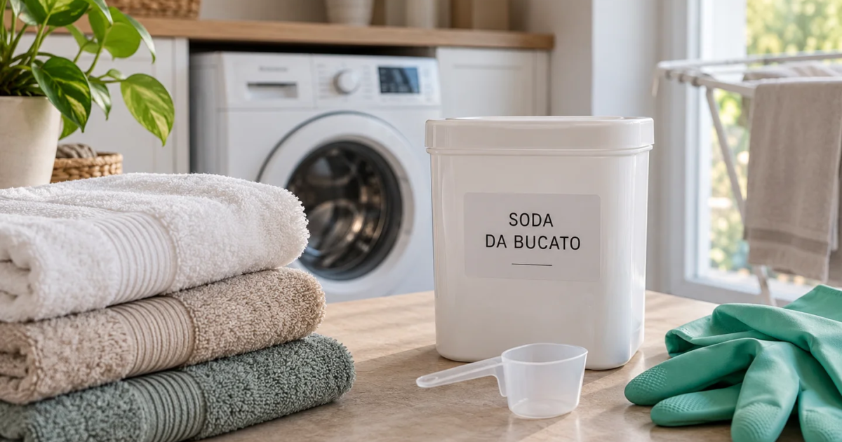 Soda da bucato, misurino e guanti accanto ad asciugamani e lavatrice